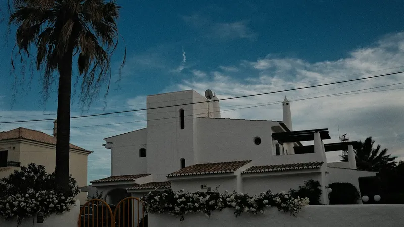 Villa blanca de estilo mediterráneo con palmera y tendido eléctrico