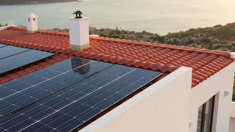 Placas solares sobre el tejado de teja de una villa de la Costa del Sol al atardecer