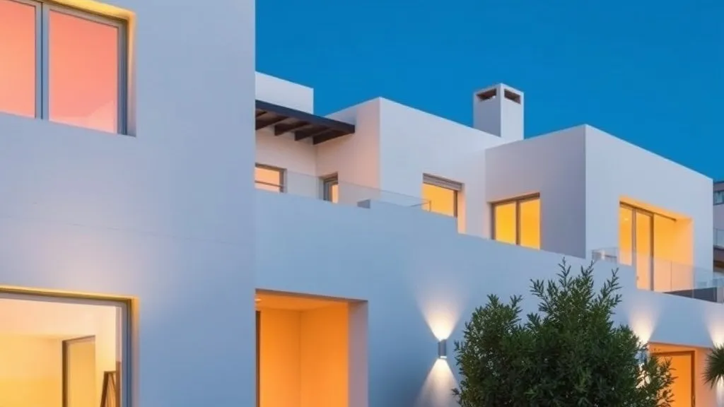 Villa moderna de la Costa del Sol al anochecer con las ventanas iluminadas
